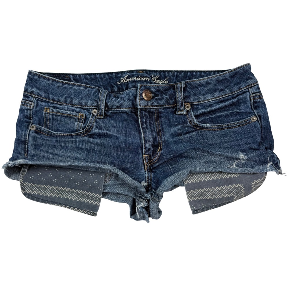 VTG Y2K American Eagle Denim Mini Micro Shorts Ultra Low Rise Design Pocket Sz 6